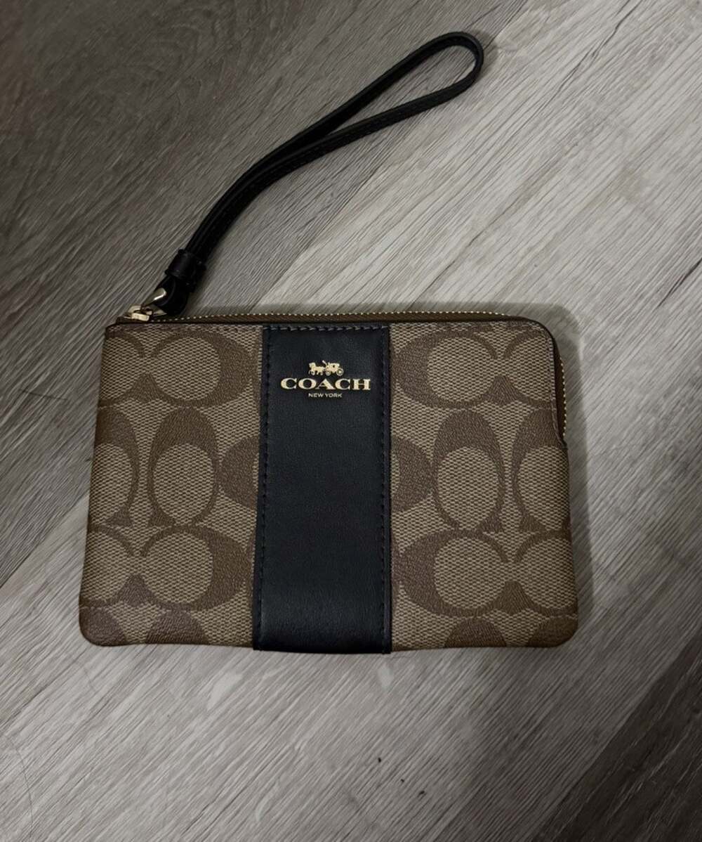 Coach Signature Canvas Wristlet Khaki Black Leather Stripe Zip Pouch Gold Logo